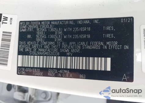 2021 Toyota Highlander Xle from USA, damaged, VIN 5TDGZRAH5MS520338